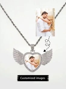 1 pieza Collar personalizado con colgante de metal en forma de ala de ángel y corazón redondo, estilo europeo, unisex, regalo para novio, novia, amigos, boda, San Valentín, Día del Padre, Día de la Madre, cumpleaños, joyería decorada con cristales