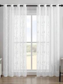 2pcs White Rattan Spring Embroidery Semi-Sheer Voile Curtains With Grommets, Semi-Transparent Light-Filtering Curtain Decor For Bedroom, Living Room, Dining Room, Patio, Balcony