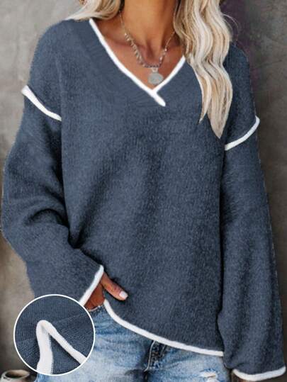 Plus Size Colorblock V-Neck Loose Knit Pullover Sweater