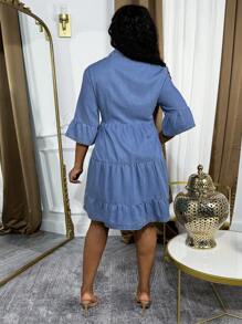 Chic & Stylish Ruffled Denim Dress For Women – Casual Elegance Meets Flattering Fit, Perfect For Spring & Summer, Showcasing Feminine Charm - Light Wash - View 3