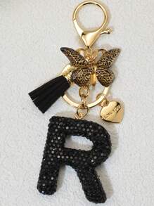 1pc Soft Clay Pink Letter Rhinestone Keychain, Cute Personalized Handbag Accessory, Car Key Chain, Heart Decor Gift For Mom, Friends, Valentine's Day Valentines Car Accessories Bag Charm - Black Butterfly - View 11