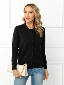 DEARCASE Women's Casual Solid Color Long Sleeve Button Up Cardigan Sweater - Black - View 6