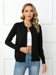 DEARCASE Women's Casual Solid Color Long Sleeve Button Up Cardigan Sweater - Black - View 3