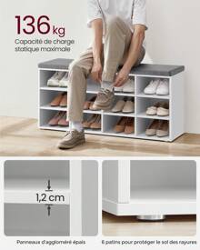 VASAGLE Banc à Chaussures, Organiseur de Chaussures avec 12 Compartiments, Siège Rembourré, pour Entrée, Couloir, Placard, Blanc Nuage et Gris Tourterelle - Blanc - Voir 4