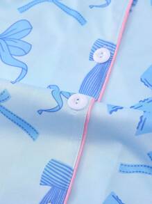 2pcs Bow Print Loungewear Set For Women, Comfortable Short Sleeve Collared Button-Up Shirt And Elastic Waist Shorts, Casual Outdoor/Indoor Sleepwear And Homewear, All Seasons,Two Pieces Set - 藍色 - 查看 6