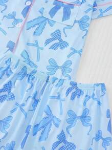 2pcs Bow Print Loungewear Set For Women, Comfortable Short Sleeve Collared Button-Up Shirt And Elastic Waist Shorts, Casual Outdoor/Indoor Sleepwear And Homewear, All Seasons,Two Pieces Set - 藍色 - 查看 7