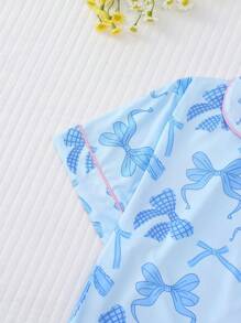 2pcs Bow Print Loungewear Set For Women, Comfortable Short Sleeve Collared Button-Up Shirt And Elastic Waist Shorts, Casual Outdoor/Indoor Sleepwear And Homewear, All Seasons,Two Pieces Set - 藍色 - 查看 4