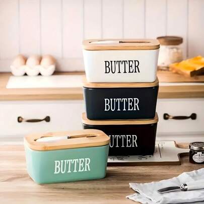 1 Piece 350 Ml / 11.83 Oz With Lid Ceramic Butter Plate And Knife, Available In White / Green / Black/Dark Blue, High-Sealing Cheese / Ceramic Butter Container, Elegant Ceramic Butter Jar, Table Butter Storage Box, With Double Silicone Sealing Ring
