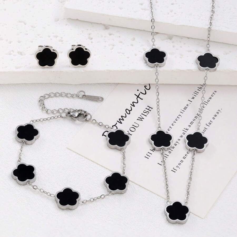 Dây chuyền mặt hoa 5 cánh bằng thép không gỉ, vòng tay, bộ trang sức hoa tai, phụ kiện thời trang đa năng, món quà tuyệt vời nhất cho phụ nữ - Nhiều màu - Xem 1