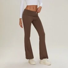 Women Summer Fold Over Waistband Stretchy Yoga Pants Flared Pants Leggings - Reddish Brown - View 1