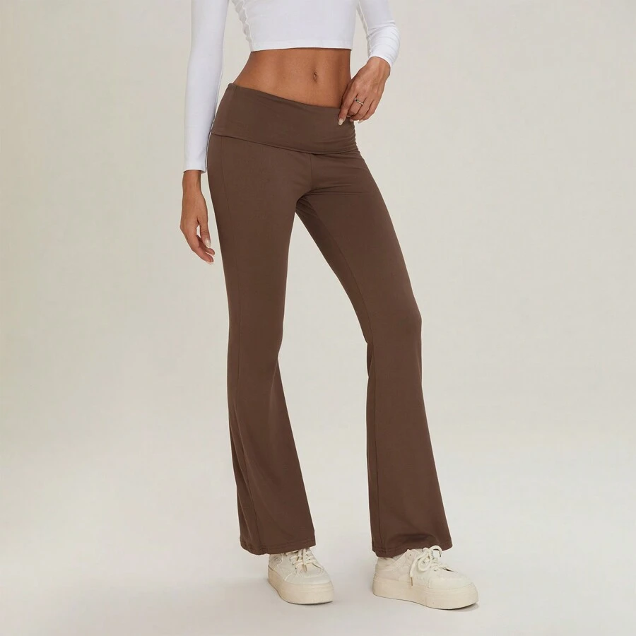 Women Summer Fold Over Waistband Stretchy Yoga Pants Flared Pants Leggings - Reddish Brown - View 1