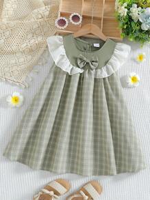 Young Girl Spring/Summer New Sweet Bow Decor Sleeveless Cute Casual Dress - Green - View 1
