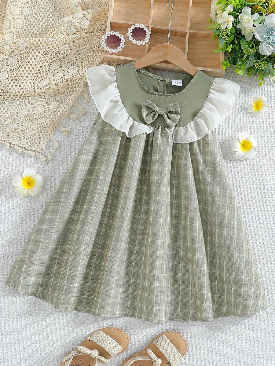 Young Girl Spring/Summer New Sweet Bow Decor Sleeveless Cute Casual Dress - Green - View 1