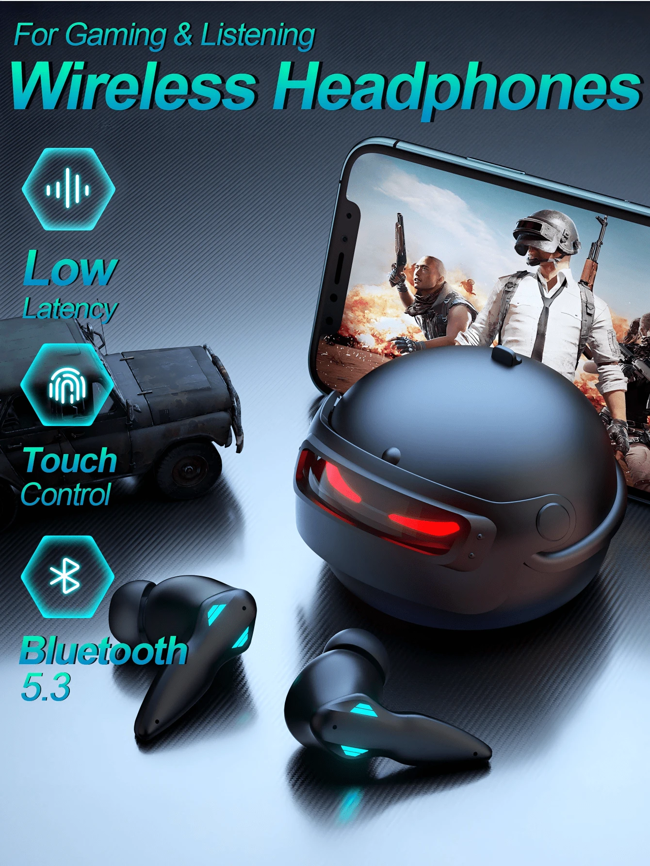 Wireless Gaming Earbuds-Low Latency Bluetooth 5.3 Earbuds  3D Stereo Bass Bluetooth Headphones In Ear Noise Cancelling Mic Large Capacity Battery Earphones - 黑色 - 查看 1