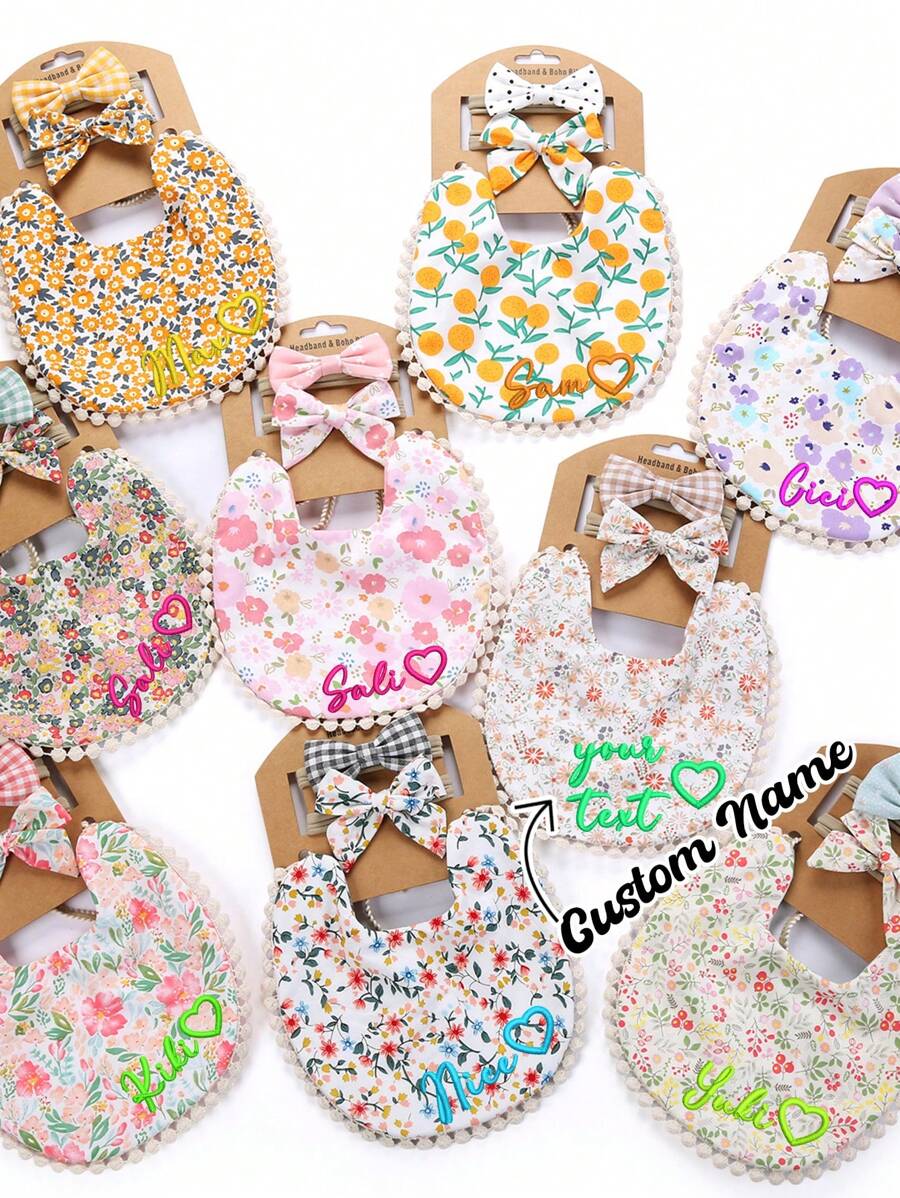 (Customized) 1 Set Personalized Embroidered Baby Bibs & Headband Set, Printed Double-Sided Burp Cloths, Suitable For Daily Use