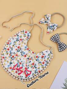(Customized) 1 Set Personalized Embroidered Baby Bibs & Headband Set, Printed Double-Sided Burp Cloths, Suitable For Daily Use