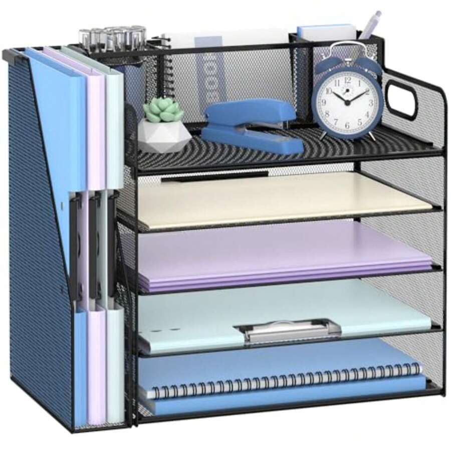 DALTACK Desk Organizer With File Holder, 5 Tier Desktop File Organizer With 3 Pen Holders, Paper Letter Tray For Office Home Organization & Storage, Mesh Desk Accessories & Supplies - 黑色 - 查看 1