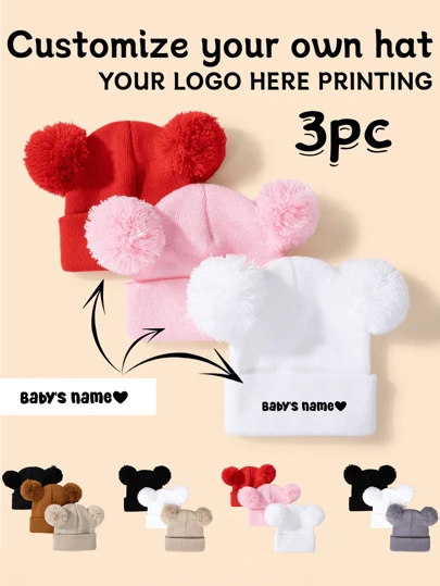 3pcs Personalized Printed Baby Name Double Pom-Pom Knit Hat, 3 Hats For Switching In Cold Winters, Soft & Gentle On Baby Skin,Multi-Functional,Ornamental,Letter,Stylish,Modern,Colorful,Cute,Adorable,Casual,Soft,Custom,Personalised,Unique,Customized,Baby Gifts,Ideal Gifts For Him,Ideal Gifts For Her,Son,Daughter