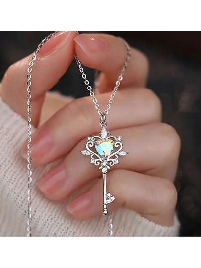 1 件带心形蛋白石的钥匙项链 - 适合日常佩戴和送礼 - 四月诞生石 - 合成锆石 - 情人节礼物、妈妈、母亲、母亲节、礼物