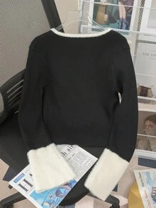 1件女款優雅修身拼色短版針織衫，U領長袖保暖內裡，適合秋冬穿著 - 黑色 - 查看 11