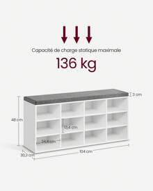 VASAGLE Banc à Chaussures, Organiseur de Chaussures avec 12 Compartiments, Siège Rembourré, pour Entrée, Couloir, Placard, Blanc Nuage et Gris Tourterelle - Blanc - Voir 8