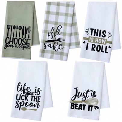 5pcs/Set Camping Kitchen Towels, White Absorbent Dish Cloths, Camping Campfire Tent Car Tea Towels With Funny Quotes, Unique Gift For Campers, Happy Camper Camping Accessories