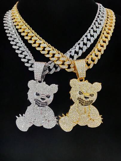 1pc Fashion Creative Bear-Shaped Pendant Necklace, Retro Hip-Hop Style, Suitable For Party Or Daily Wear, 2 Chain Options
