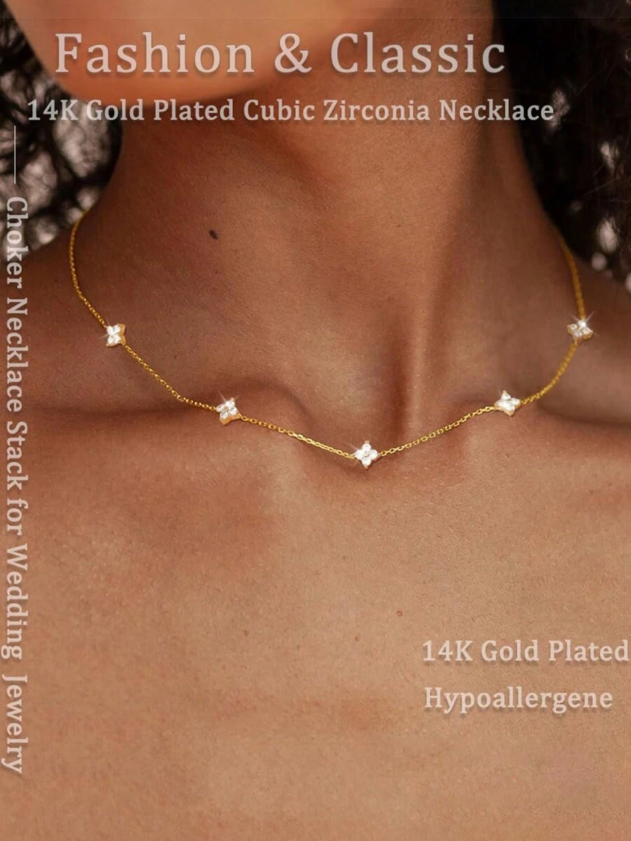 优雅四叶草项链，时尚高贵，高品质链条，长款设计，优美流苏项链，适合女性，情人节、母亲节礼物 - 金白鋯五朵花 - 查看 1