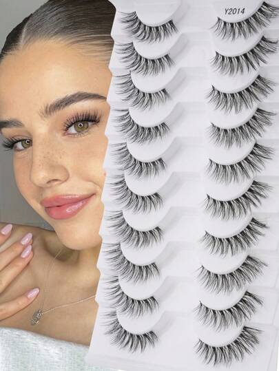 10 Pairs Natural Looking Fake Eyelash Strips, Handmade Faux Mink Transparent Stem Lashes, Lightweight And Reusable For Women Daily Makeup And Work