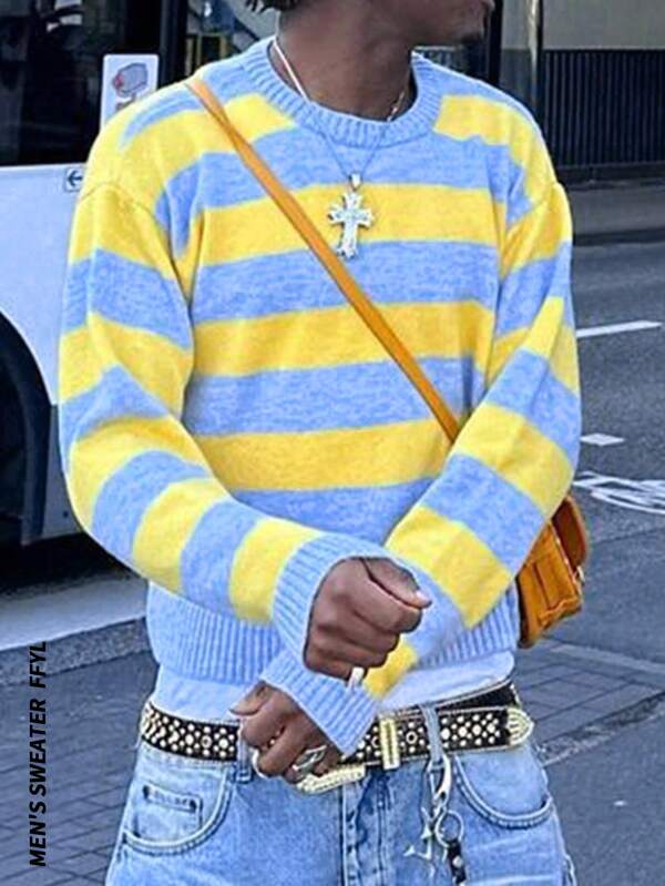 Suéter unissex de malha, estilo urbano casual e folgado, ideal para primavera, outono e inverno. Design europeu e asiático, manga longa, ombros caídos e gola redonda listrada minimalista.