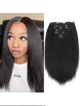 Extensiones de cabello con clip de pelo liso y rizado, color negro natural, de 14/18/24 pulgadas, 100/110/130g, 7 piezas, cabello sintético liso y sin costuras para la cabeza completa