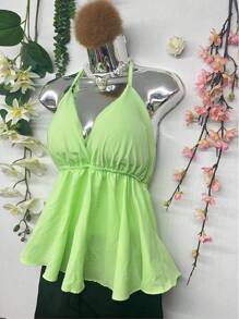 T066 Ruffle Trim Tied Backless Halter Top - 青檸色 - 查看 3