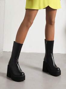 Botas de media pantorrilla elegantes de estilo gótico para mujer, con plataforma, tacón alto grueso, estilo punk, estilo callejero, botas cortas de combate para montar en motocicleta - Negro - Ver 5