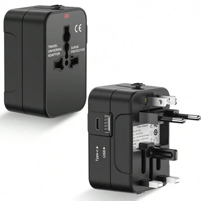 HITRENDS 1pc Travel Adapter With Dual USB Ports (1 USB & 1 Type-C), 5V 2.4A 12W Charging Port, AC Power Plug Adapter, Universal Travel Adapter Power Converter, 100-240V 6A 600-1440W, Black/White, Suitable For Asia, Europe, UK, Australia And US