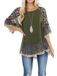 Blusa de media manga para mujer, con estampado floral de leopardo, cuello redondo, holgada, estilo informal y sencillo. - Verde militar - Ver 3