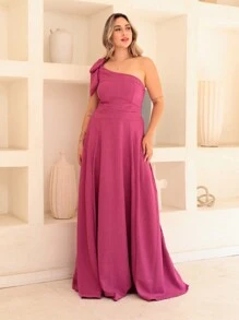 Victoria Long Luxury Dress Plain Duna Linen With Bow One Shoulder - Rose Red - View 3