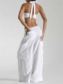 Women's Cargo Pants Cotton Linen Elastic Drawstring Wide Leg Trousers With Large Pockets Y2k Casual Streetwear - White - View 4