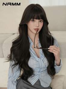 NAMM 全新黑色波浪假发带刘海黑棕色超长自然波浪假发合成耐热纤维蓬松美丽卷发假发适合女士和女孩日常上学使用 30 英寸 - 黑棕色 - 查看 2