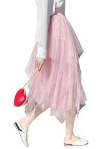 Women Solid Color Mesh Skirt, Irregular Elastic Tulle Bubble Skirt, Daily Life And Vacation - 粉色 - 查看 2