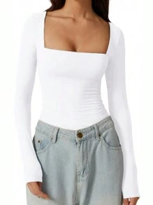 Vaiaye Women's Spring/Summer Y2K Square Neck Long Sleeve Fitted T-Shirt, Solid Color Sexy Top, Suitable For Valentine's Day - White - View 11