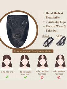 Natural Looking Water Wave Hair Topper With Bangs For Women Brazilian Remy Human Hair Machine Made Base Toppers Clip-In Invisible Extension T-Shaped Options - Natural Black - View 5