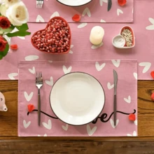 4/6pcs Valentine's Day Heart Shaped Linen Placemats, Creative Print Placemats, Heat & Stain Resistant Placemats, Kitchen Dining Table Decor, Decorative Accessories - Pink - View 4
