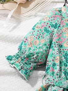 Girls Country Style Ditsy Floral Round Neck Ruffle Trim Short Sleeve Dress, Summer - Green - View 4