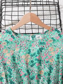 Girls Country Style Ditsy Floral Round Neck Ruffle Trim Short Sleeve Dress, Summer - Green - View 3