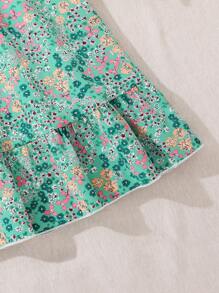 Girls Country Style Ditsy Floral Round Neck Ruffle Trim Short Sleeve Dress, Summer - Green - View 6