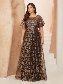 Plus Size Mgiacy Embroidery & Contrast Sequin Round Neck Sheer Mesh Mid-Sleeve Maxi Party Dress, Wedding Guest Dress, Formal Dress, Evening Dress