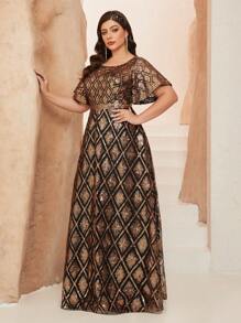 Plus Size Mgiacy Embroidery & Contrast Sequin Round Neck Sheer Mesh Mid-Sleeve Maxi Party Dress, Wedding Guest Dress, Formal Dress, Evening Dress