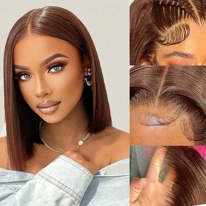 13x4 直发勃艮第酒红色鲍勃假发 - 99J 真人发蕾丝前部，含婴儿头发，自然发际线，150% 密度，透明蕾丝，优雅酒红色女士发型