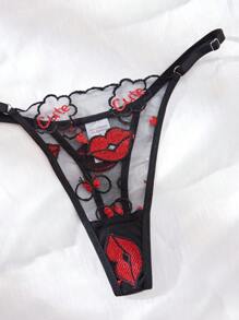 2pcs Sexy Black Lace Embroidered Lip Print Sheer Bra Set For Women, Romantic Lingerie, Suitable For Valentine's Day, Honeymoon Ultrathin Bra