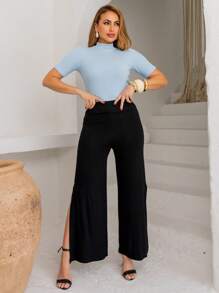 Ribbed Cotton Blouse With High Collar, Short Sleeve, Basic, Casual, Fashion, Candy Color, Blue - 淺藍色 - 查看 5
